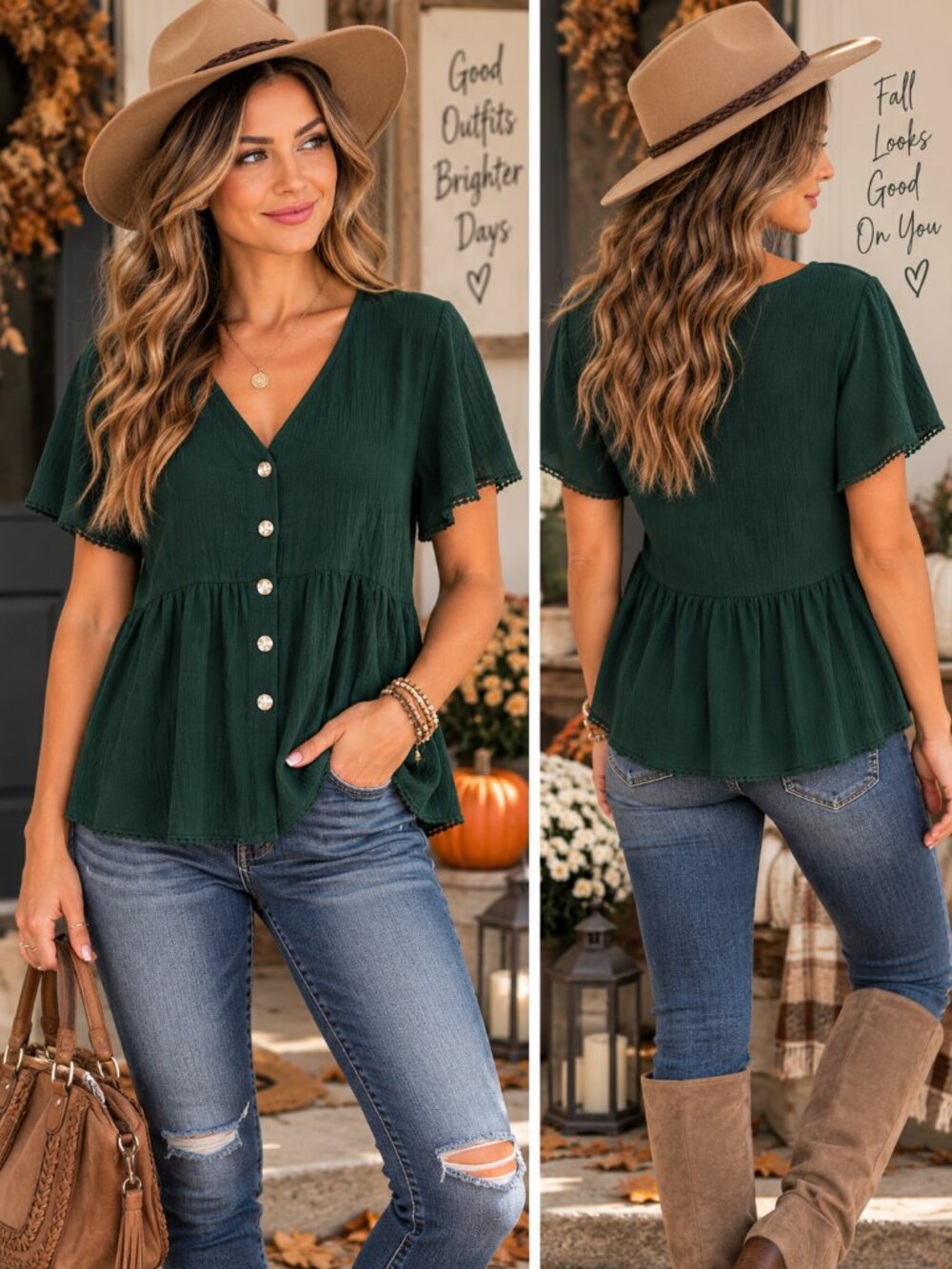 Hunter Green Lace Trim Blouse V Neck Flutter Sleeve Cotton Medium